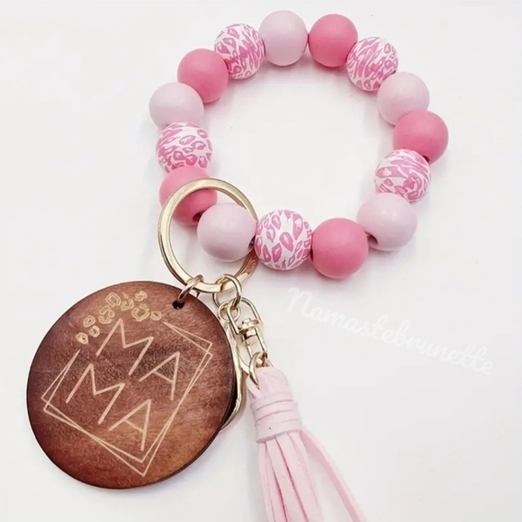 Wooden Beaded Mama Keychain Bag Charm With Pink Tassel - Picture 5 of 13